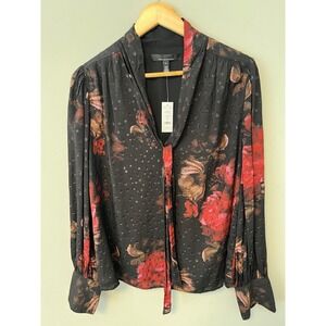 White House Black Market Floral Clip Dot Blouse Women L Black NWT Long Sleeve